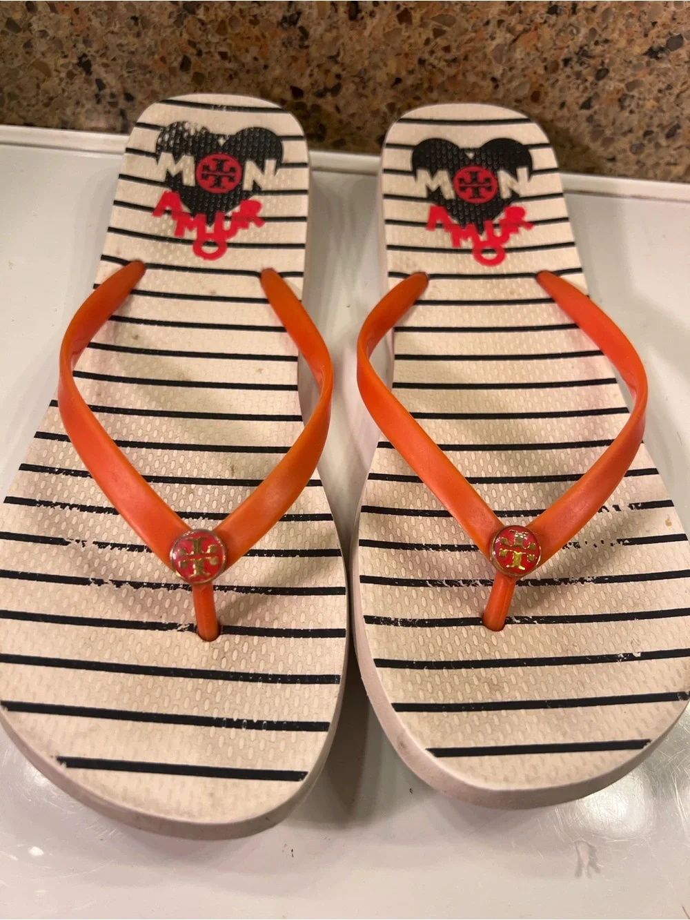 Tory Burch Orange-Strap Striped 'Mon Amour' Flip Flops Women’s Size 10